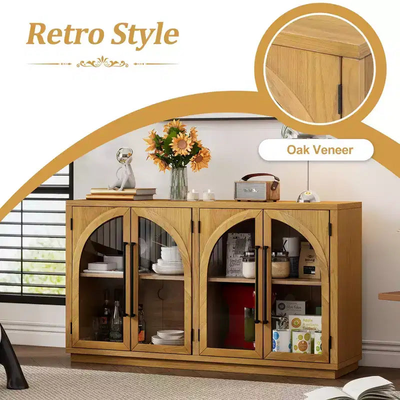 Clihome 4-Door Large Storage Sideboard Buffet Cabinet with Glass Doors,Arched Cabinet with Adjustable Shelves for Kitchen, Dining Room and Living Room