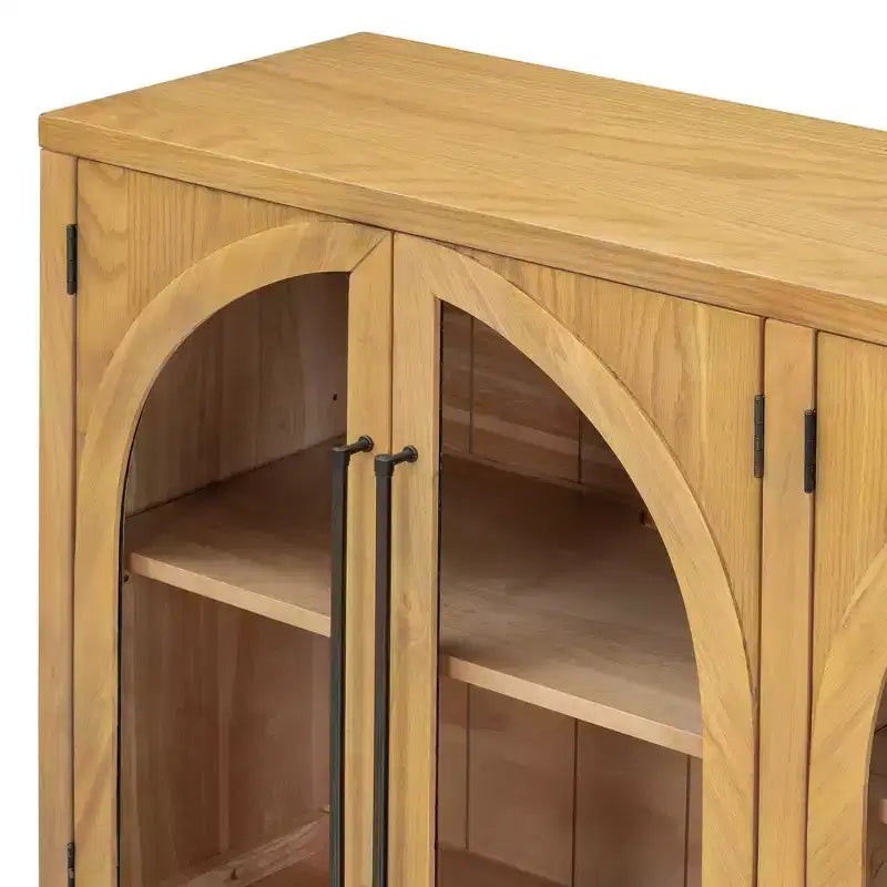 Clihome 4-Door Large Storage Sideboard Buffet Cabinet with Glass Doors,Arched Cabinet with Adjustable Shelves for Kitchen, Dining Room and Living Room