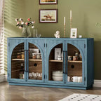 Clihome 4-Door Large Storage Sideboard Buffet Cabinet with Glass Doors,Arched Cabinet with Adjustable Shelves for Kitchen, Dining Room and Living Room