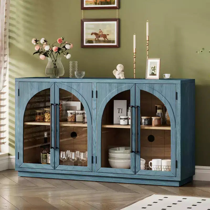 Clihome 4-Door Large Storage Sideboard Buffet Cabinet with Glass Doors,Arched Cabinet with Adjustable Shelves for Kitchen, Dining Room and Living Room