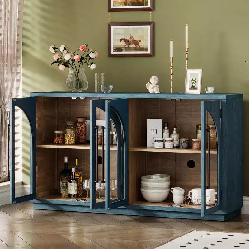 Clihome 4-Door Large Storage Sideboard Buffet Cabinet with Glass Doors,Arched Cabinet with Adjustable Shelves for Kitchen, Dining Room and Living Room