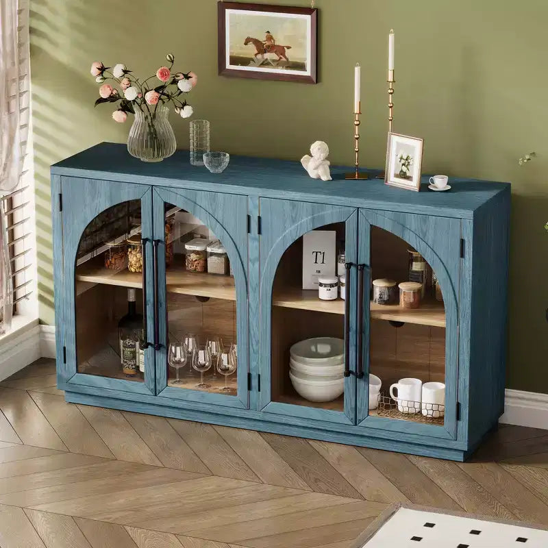 Clihome 4-Door Large Storage Sideboard Buffet Cabinet with Glass Doors,Arched Cabinet with Adjustable Shelves for Kitchen, Dining Room and Living Room