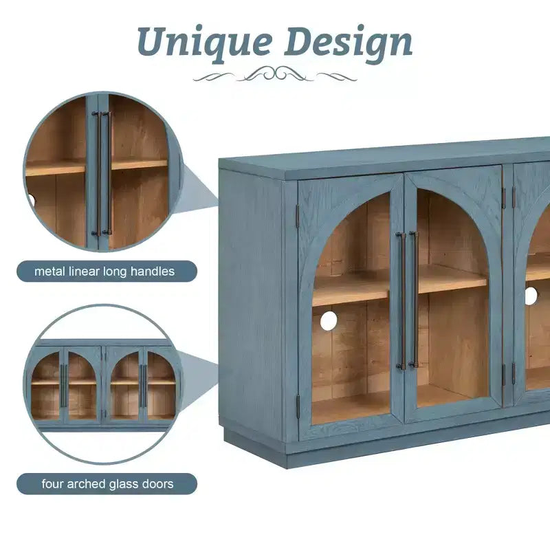 Clihome 4-Door Large Storage Sideboard Buffet Cabinet with Glass Doors,Arched Cabinet with Adjustable Shelves for Kitchen, Dining Room and Living Room