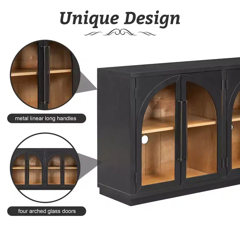 Clihome 4-Door Large Storage Sideboard Buffet Cabinet with Glass Doors,Arched Cabinet with Adjustable Shelves for Kitchen, Dining Room and Living Room