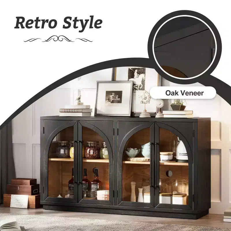 Clihome 4-Door Large Storage Sideboard Buffet Cabinet with Glass Doors,Arched Cabinet with Adjustable Shelves for Kitchen, Dining Room and Living Room
