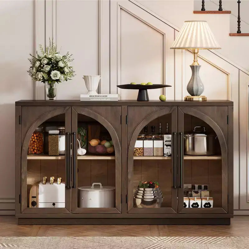 Clihome 4-Door Large Storage Sideboard Buffet Cabinet with Glass Doors,Arched Cabinet with Adjustable Shelves for Kitchen, Dining Room and Living Room