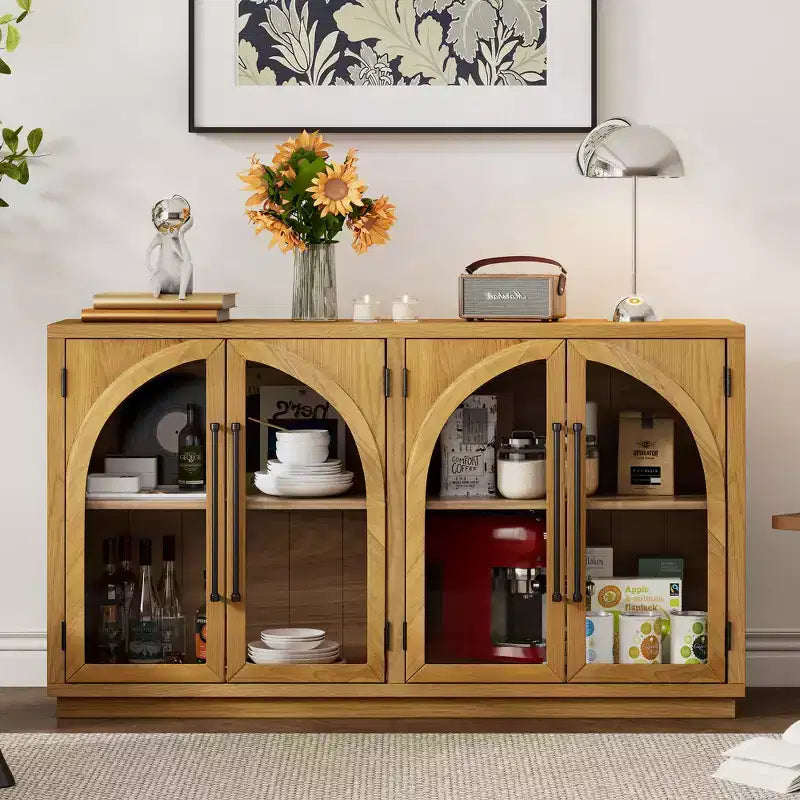 Clihome 4-Door Large Storage Sideboard Buffet Cabinet with Glass Doors,Arched Cabinet with Adjustable Shelves for Kitchen, Dining Room and Living Room