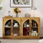 Clihome 4-Door Large Storage Sideboard Buffet Cabinet with Glass Doors,Arched Cabinet with Adjustable Shelves for Kitchen, Dining Room and Living Room