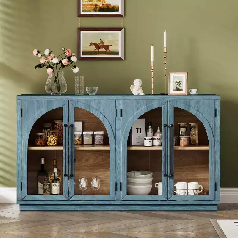 Clihome 4-Door Large Storage Sideboard Buffet Cabinet with Glass Doors,Arched Cabinet with Adjustable Shelves for Kitchen, Dining Room and Living Room