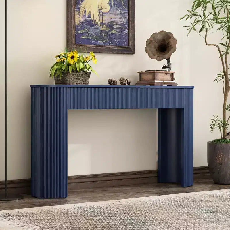Clihome Entryway Table with Fluted Design, Modern Console Table with Storage, Oval Top and 2 Drawers for Entryway and Living Room
