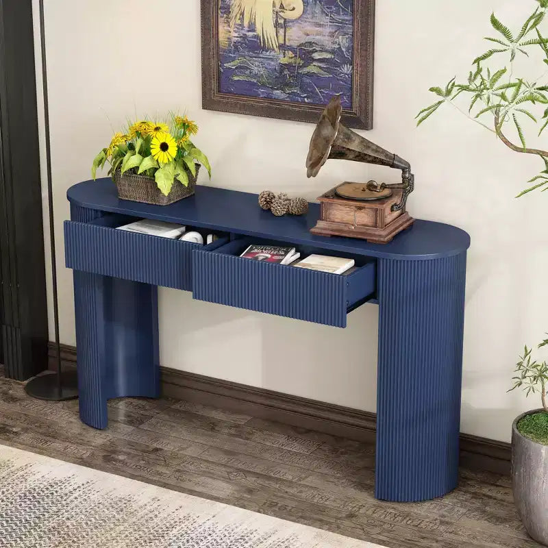 Clihome Entryway Table with Fluted Design, Modern Console Table with Storage, Oval Top and 2 Drawers for Entryway and Living Room