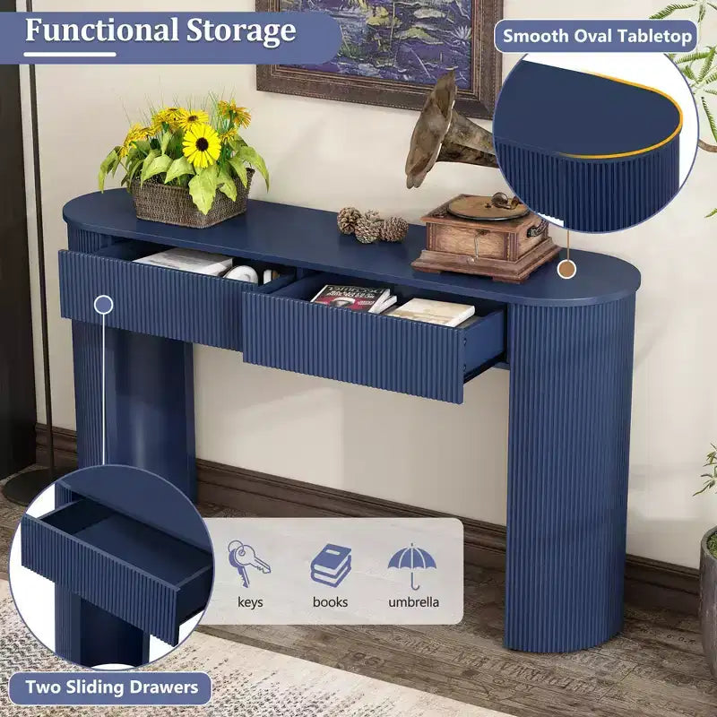 Clihome Entryway Table with Fluted Design, Modern Console Table with Storage, Oval Top and 2 Drawers for Entryway and Living Room