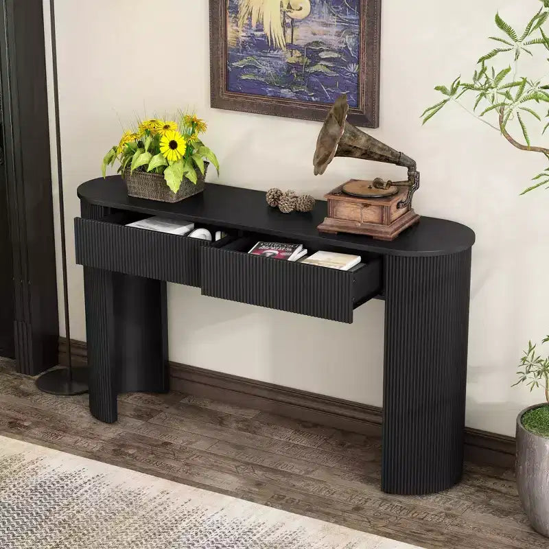 Clihome Entryway Table with Fluted Design, Modern Console Table with Storage, Oval Top and 2 Drawers for Entryway and Living Room