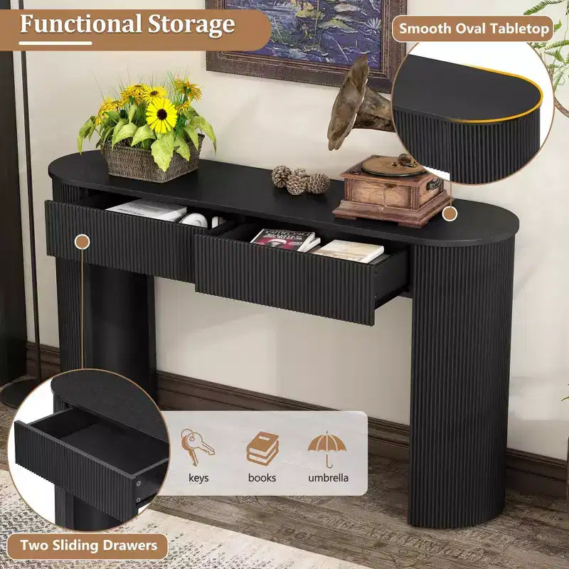 Clihome Entryway Table with Fluted Design, Modern Console Table with Storage, Oval Top and 2 Drawers for Entryway and Living Room