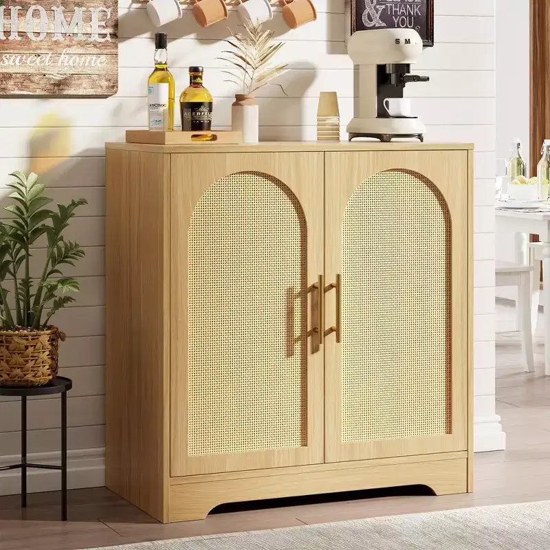 Modern Sideboard Buffet Cabinet with 2 Rattan Doors  Credenza Storage Console Table, Coffee Bar Cabinet for Living Room, Hallway & Entryway