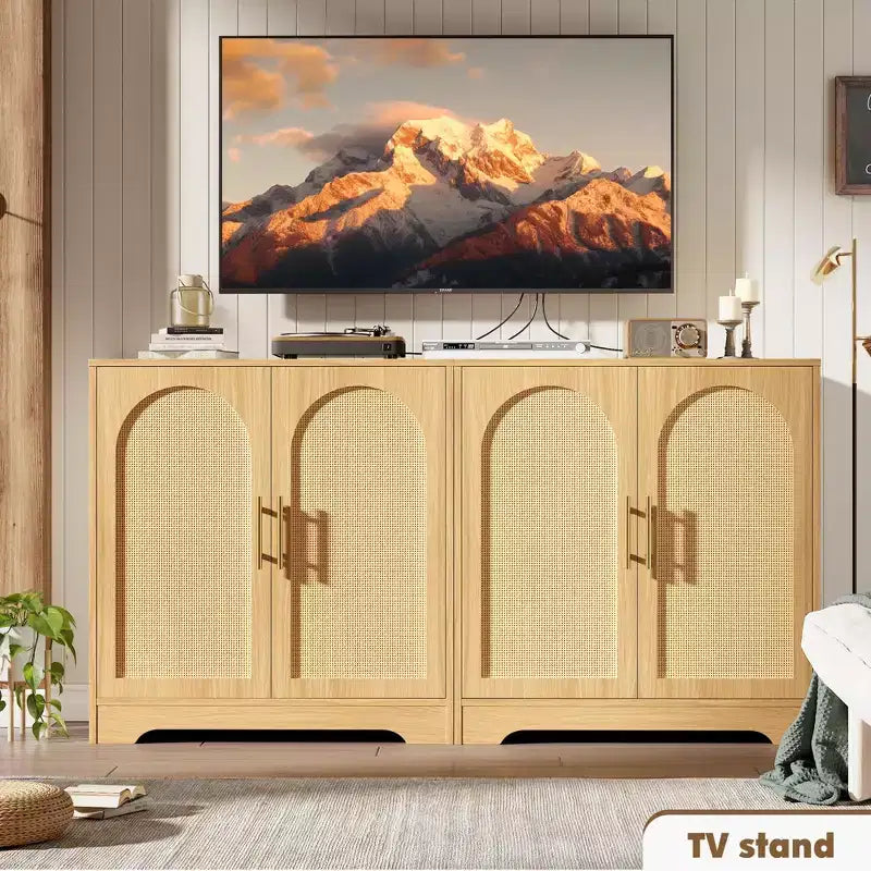 Modern Sideboard Buffet Cabinet with 2 Rattan Doors  Credenza Storage Console Table, Coffee Bar Cabinet for Living Room, Hallway & Entryway