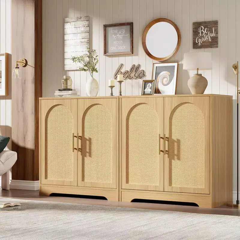 Modern Sideboard Buffet Cabinet with 2 Rattan Doors  Credenza Storage Console Table, Coffee Bar Cabinet for Living Room, Hallway & Entryway
