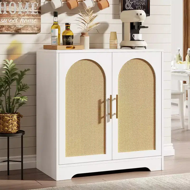 Modern Sideboard Buffet Cabinet with 2 Rattan Doors  Credenza Storage Console Table, Coffee Bar Cabinet for Living Room, Hallway & Entryway