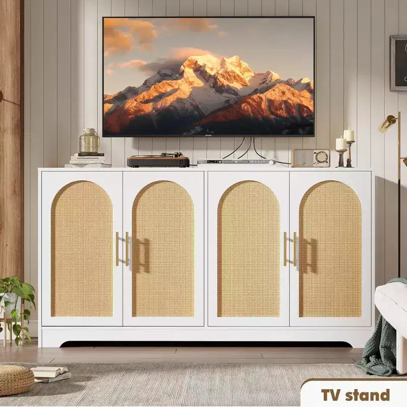 Modern Sideboard Buffet Cabinet with 2 Rattan Doors  Credenza Storage Console Table, Coffee Bar Cabinet for Living Room, Hallway & Entryway