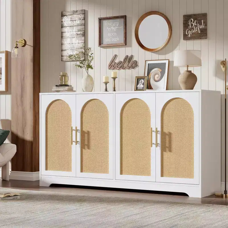 Modern Sideboard Buffet Cabinet with 2 Rattan Doors  Credenza Storage Console Table, Coffee Bar Cabinet for Living Room, Hallway & Entryway