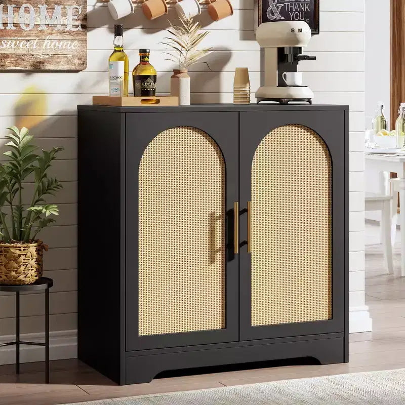 Modern Sideboard Buffet Cabinet with 2 Rattan Doors  Credenza Storage Console Table, Coffee Bar Cabinet for Living Room, Hallway & Entryway