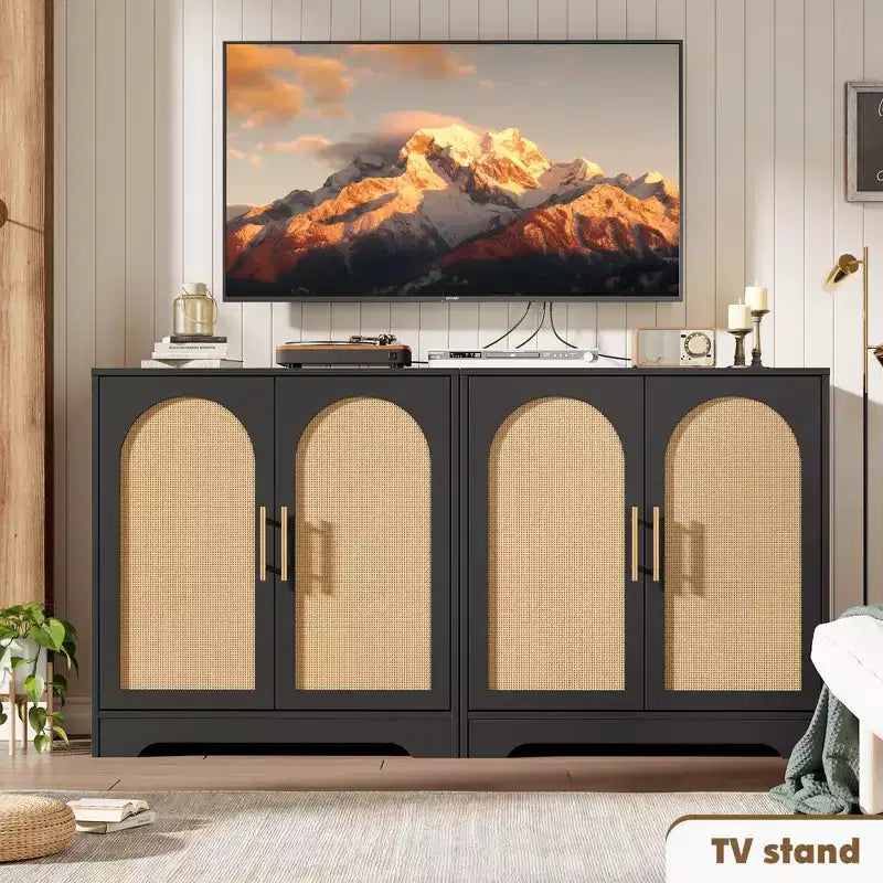 Modern Sideboard Buffet Cabinet with 2 Rattan Doors  Credenza Storage Console Table, Coffee Bar Cabinet for Living Room, Hallway & Entryway