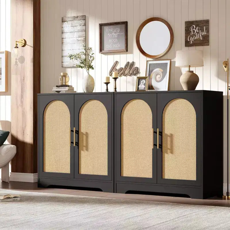 Modern Sideboard Buffet Cabinet with 2 Rattan Doors  Credenza Storage Console Table, Coffee Bar Cabinet for Living Room, Hallway & Entryway