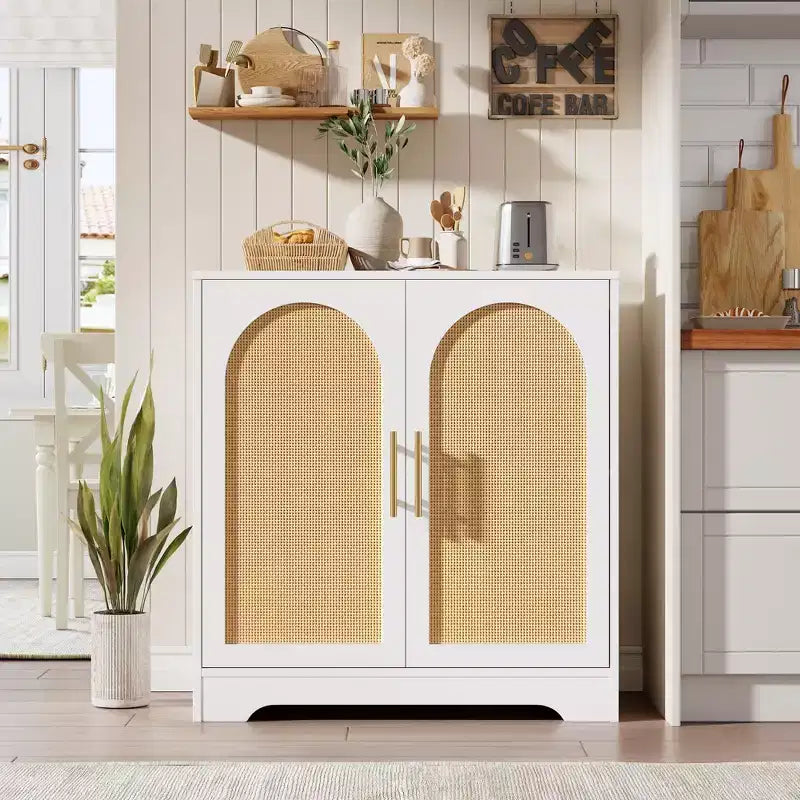 Modern Sideboard Buffet Cabinet with 2 Rattan Doors  Credenza Storage Console Table, Coffee Bar Cabinet for Living Room, Hallway & Entryway