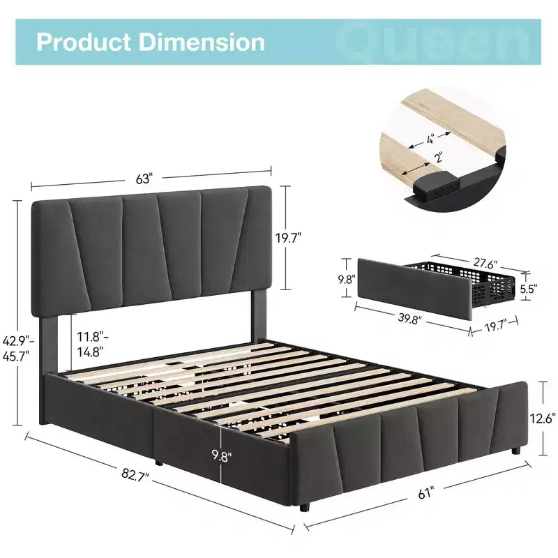 COZONY Twin/Queen Bed Frame with Adjustable Headboard & 4 Storage Drawers, Velvet Tufted Platform Bed