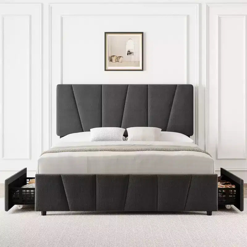 COZONY Twin/Queen Bed Frame with Adjustable Headboard & 4 Storage Drawers, Velvet Tufted Platform Bed