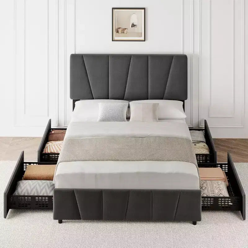 COZONY Twin/Queen Bed Frame with Adjustable Headboard & 4 Storage Drawers, Velvet Tufted Platform Bed