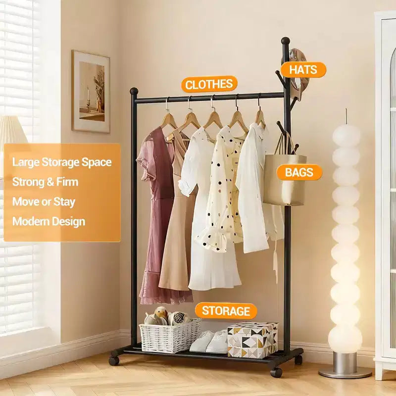 Acekool Metal Clothing Rack with Wheels, Rolling Garment Organizer with Hooks