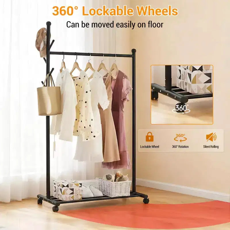 Acekool Metal Clothing Rack with Wheels, Rolling Garment Organizer with Hooks