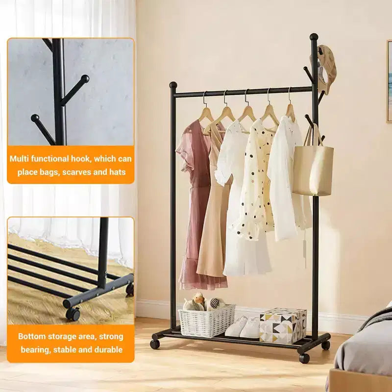 Acekool Metal Clothing Rack with Wheels, Rolling Garment Organizer with Hooks