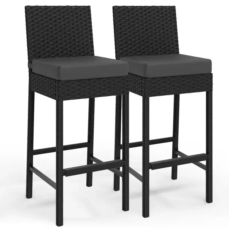 Set of 2 Outdoor Wicker Bar Stools  Armless Rattan Bar-Height Chairs with Cushions for Patio, Poolside or Backyard