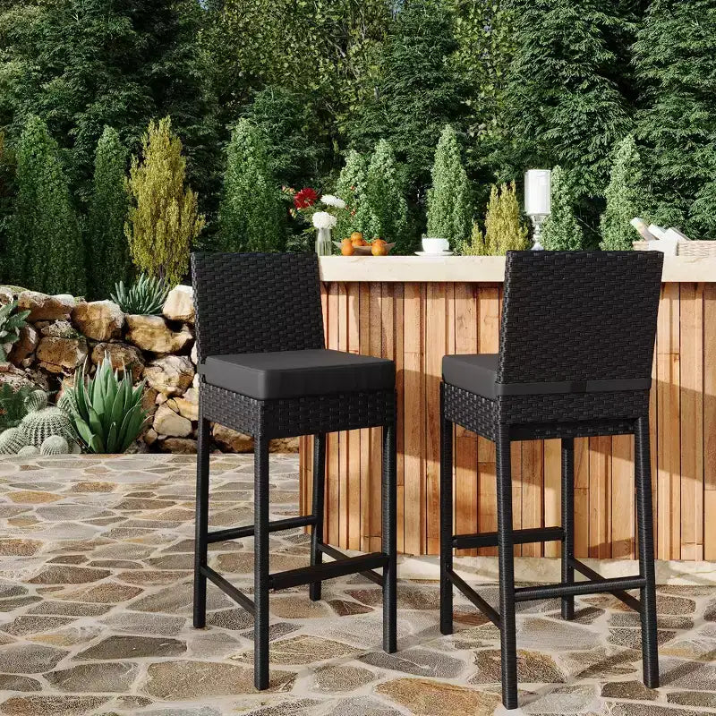 Set of 2 Outdoor Wicker Bar Stools  Armless Rattan Bar-Height Chairs with Cushions for Patio, Poolside or Backyard