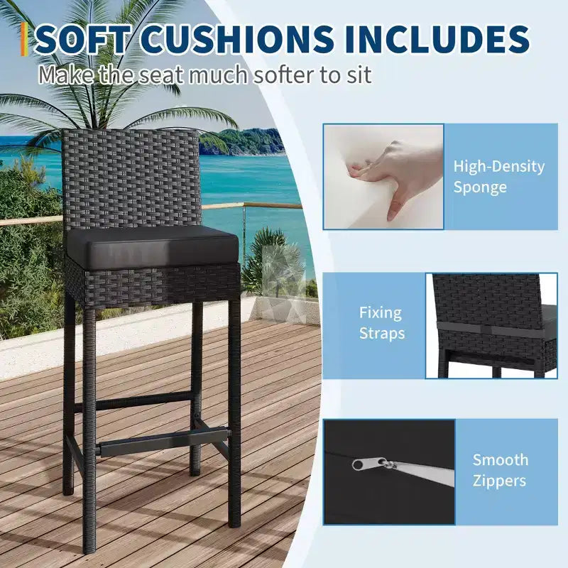 Set of 2 Outdoor Wicker Bar Stools  Armless Rattan Bar-Height Chairs with Cushions for Patio, Poolside or Backyard