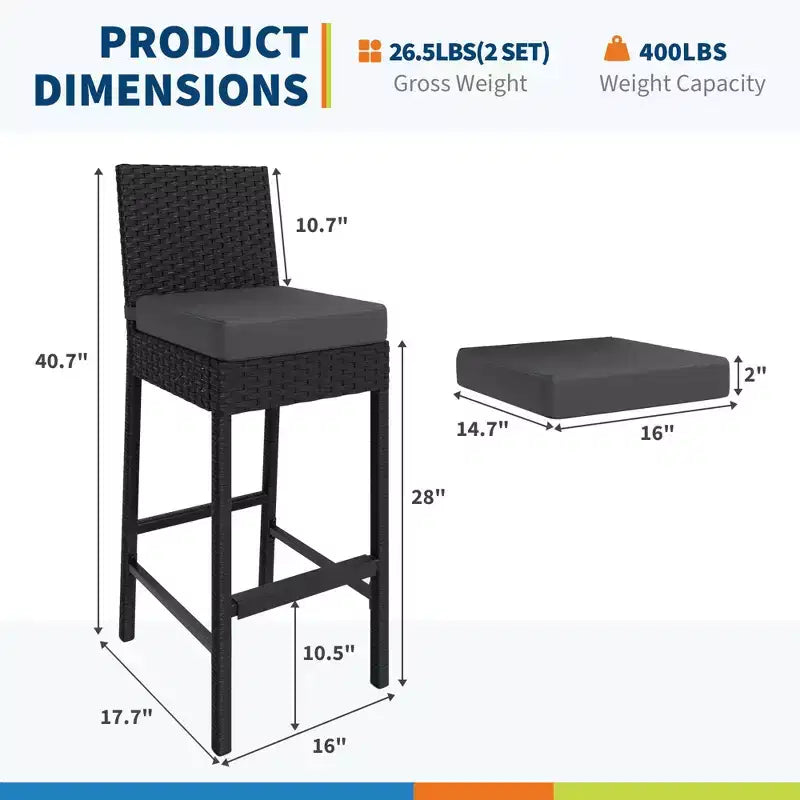 Set of 2 Outdoor Wicker Bar Stools  Armless Rattan Bar-Height Chairs with Cushions for Patio, Poolside or Backyard