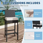 Set of 2 Outdoor Wicker Bar Stools  Armless Rattan Bar-Height Chairs with Cushions for Patio, Poolside or Backyard