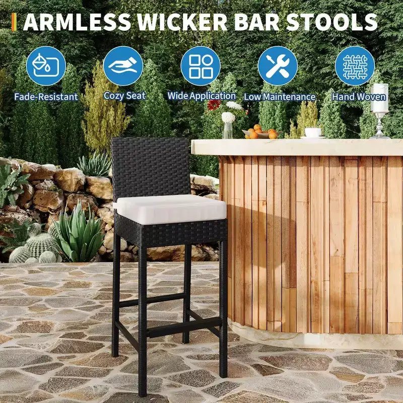 Set of 2 Outdoor Wicker Bar Stools  Armless Rattan Bar-Height Chairs with Cushions for Patio, Poolside or Backyard