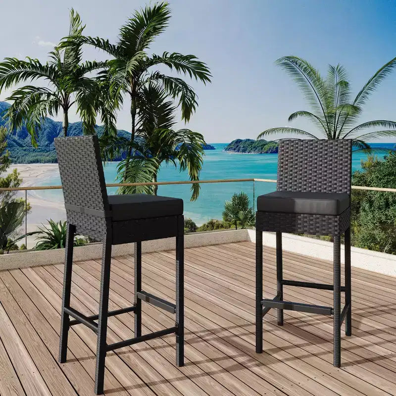 Set of 2 Outdoor Wicker Bar Stools  Armless Rattan Bar-Height Chairs with Cushions for Patio, Poolside or Backyard