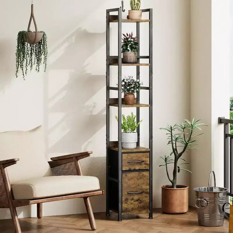 6 Tier Industrial Bookshelf, Tall Narrow Bookcase with 2 Fabric Drawers, Metal Frame Book Shelf, Freestanding Display Shelf Storage Organizer