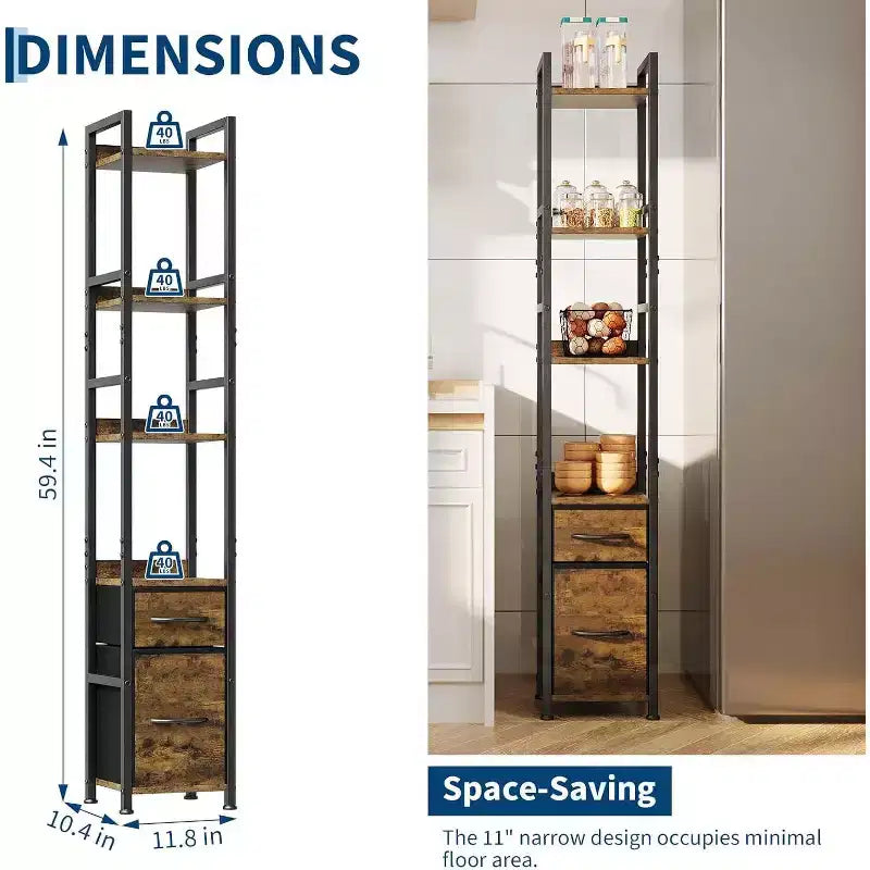 6 Tier Industrial Bookshelf, Tall Narrow Bookcase with 2 Fabric Drawers, Metal Frame Book Shelf, Freestanding Display Shelf Storage Organizer
