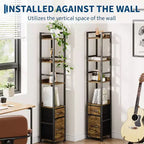 6 Tier Industrial Bookshelf, Tall Narrow Bookcase with 2 Fabric Drawers, Metal Frame Book Shelf, Freestanding Display Shelf Storage Organizer