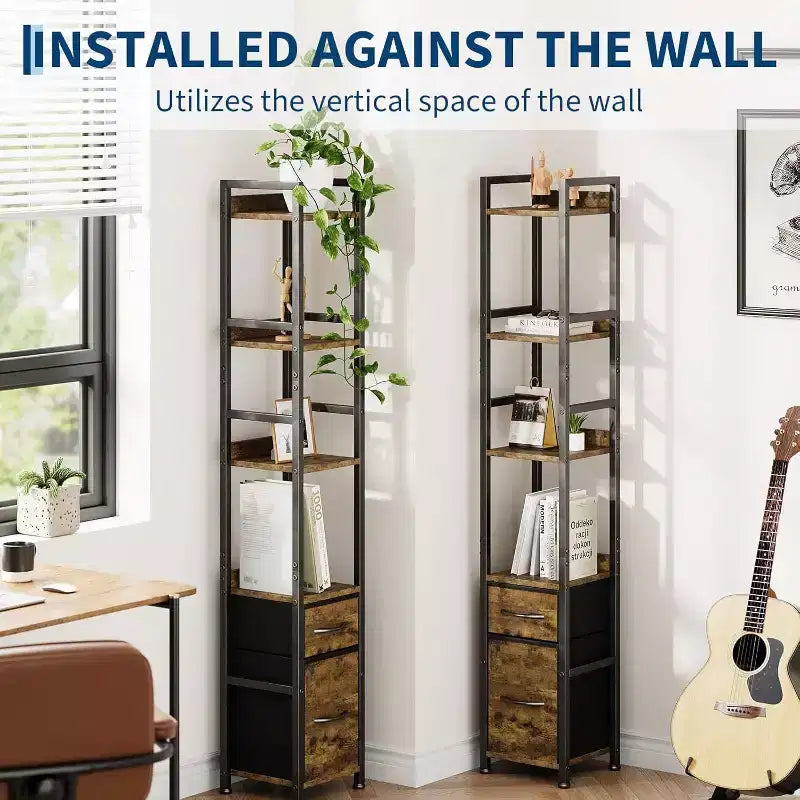 6 Tier Industrial Bookshelf, Tall Narrow Bookcase with 2 Fabric Drawers, Metal Frame Book Shelf, Freestanding Display Shelf Storage Organizer