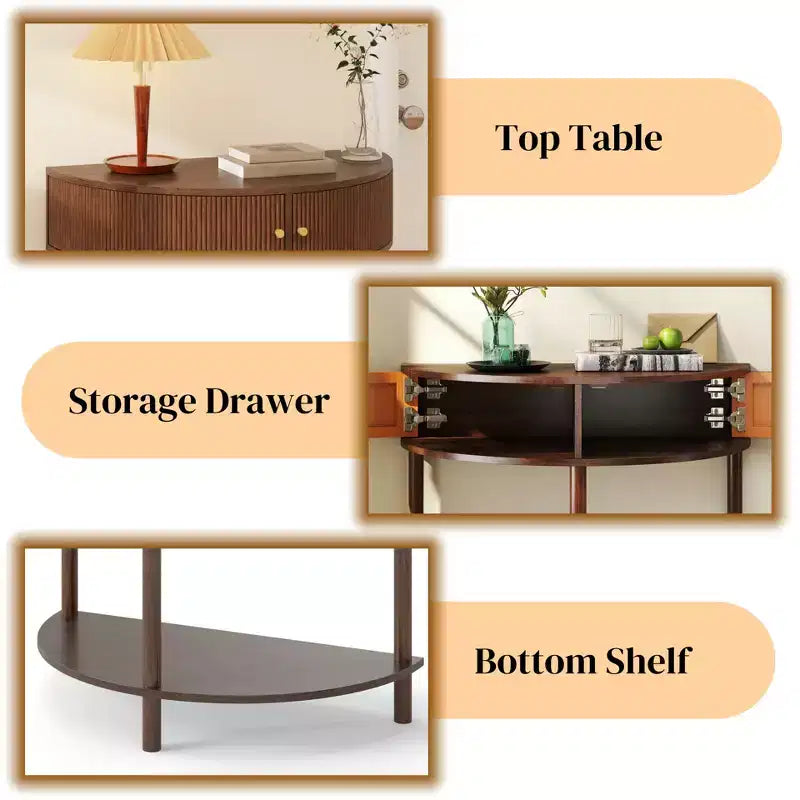 JVNOXK 31.50-inch handcrafted wavy console table with 3D textured drawers, featuring dual storage drawers and a bottom shelf. Brown