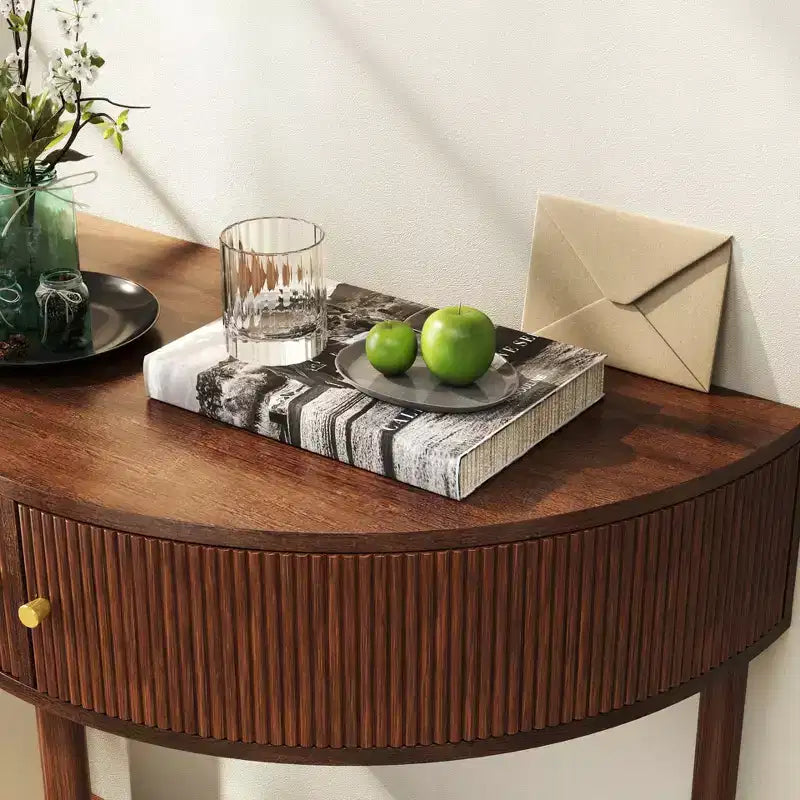 JVNOXK 31.50-inch handcrafted wavy console table with 3D textured drawers, featuring dual storage drawers and a bottom shelf. Brown