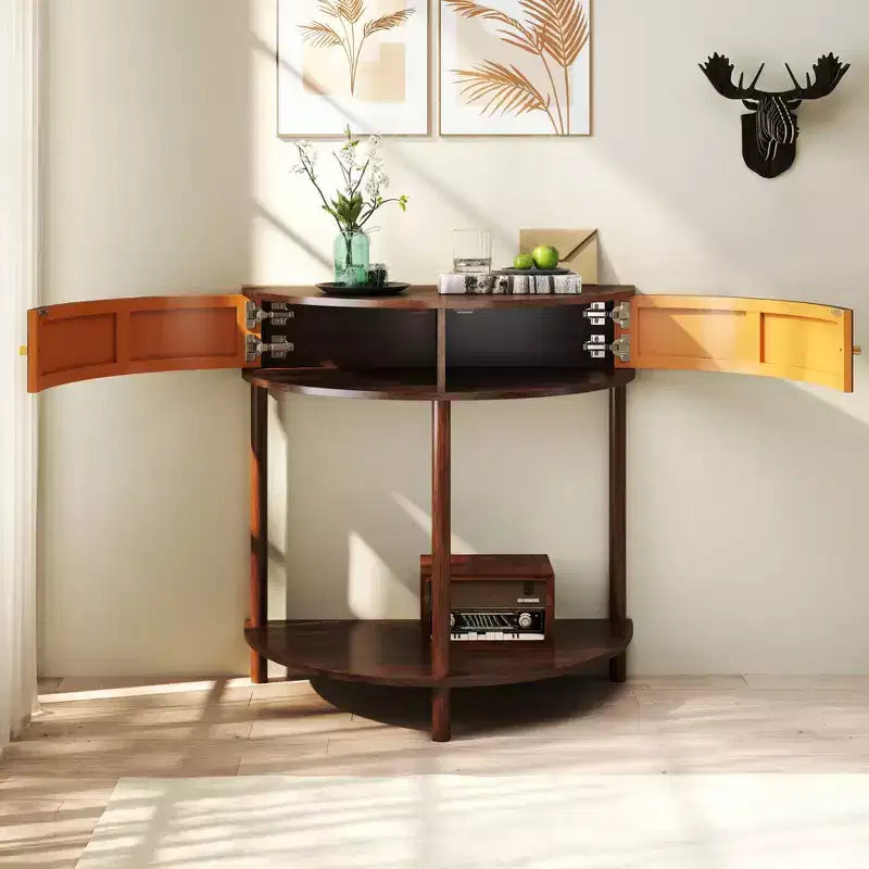 JVNOXK 31.50-inch handcrafted wavy console table with 3D textured drawers, featuring dual storage drawers and a bottom shelf. Brown