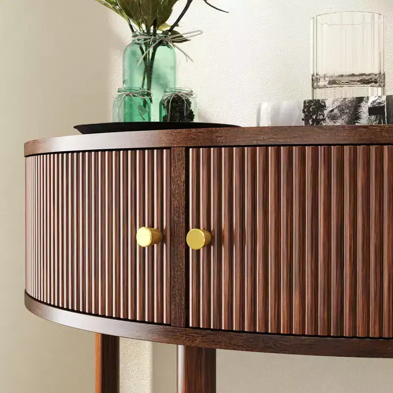 JVNOXK 31.50-inch handcrafted wavy console table with 3D textured drawers, featuring dual storage drawers and a bottom shelf. Brown