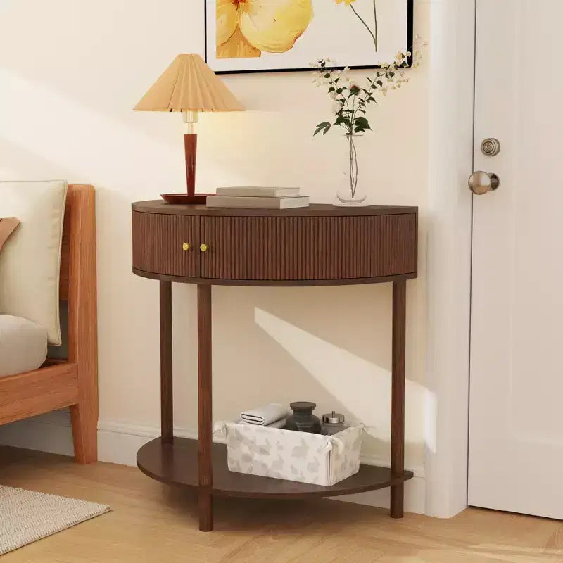 JVNOXK 31.50-inch handcrafted wavy console table with 3D textured drawers, featuring dual storage drawers and a bottom shelf. Brown